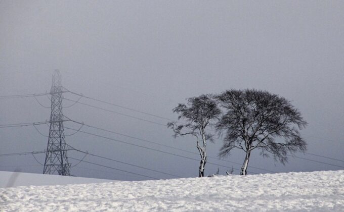 Two bare trees and power lines in snowy field|Chart showing UK capacity margin and number of notifications of insufficient system margin|Two bare trees and power lines in snowy field