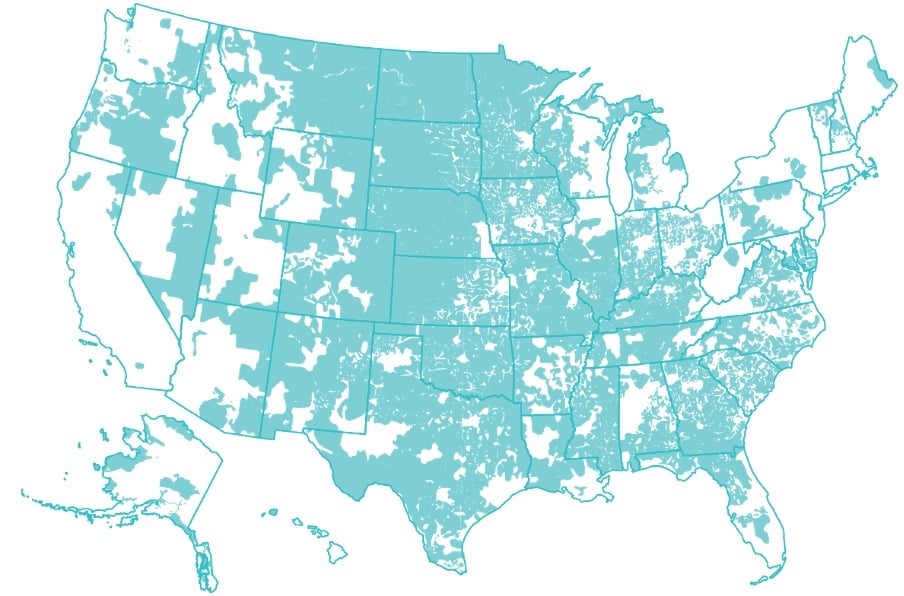 Map of United States showing service areas of rural electric cooperatives