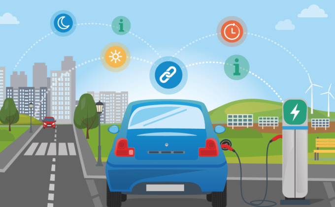 Illustration of an electric vehicle charging in an urban setting with renewable energy in the background