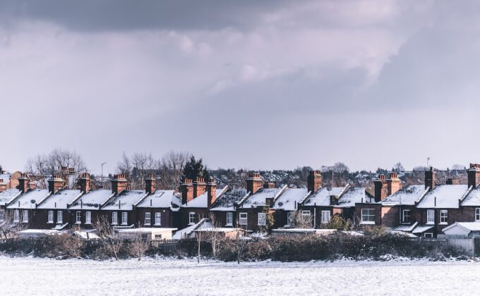 A row of houses covered with snow in Great Britain
