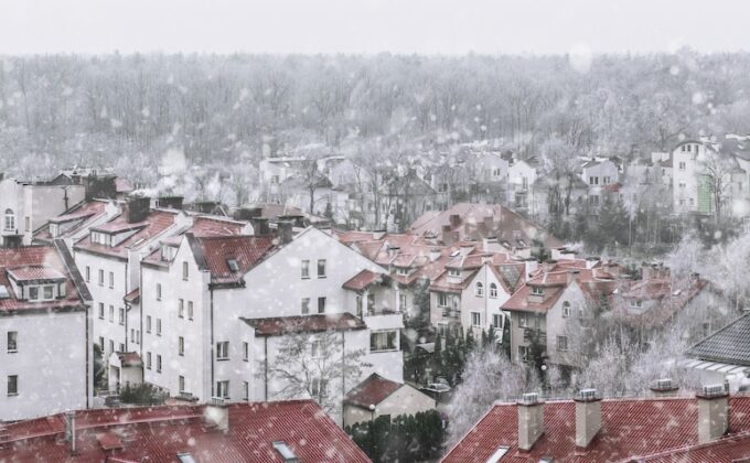 panoramic winter view of buildings in Warsaw
