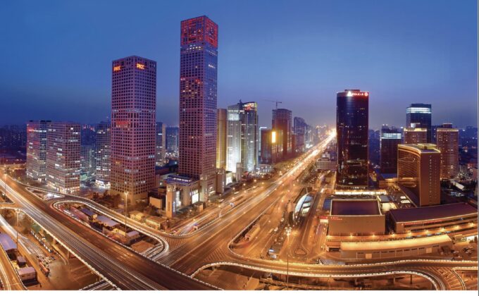 city skyline and traffic at night