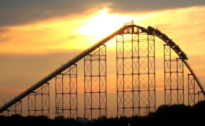 Sunset view of a roller coaster|Volatile gas prices are pushing up electricity prices across Europe bar chart|Natural gas is the dominant heading fuel in Europe bar chart