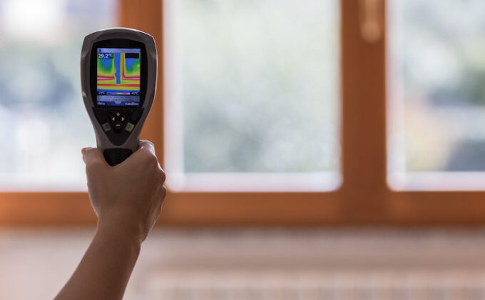 Hand aiming thermal imaging camera at windows to test energy efficiency|Hand aiming thermal imaging camera at windows to test energy efficiency