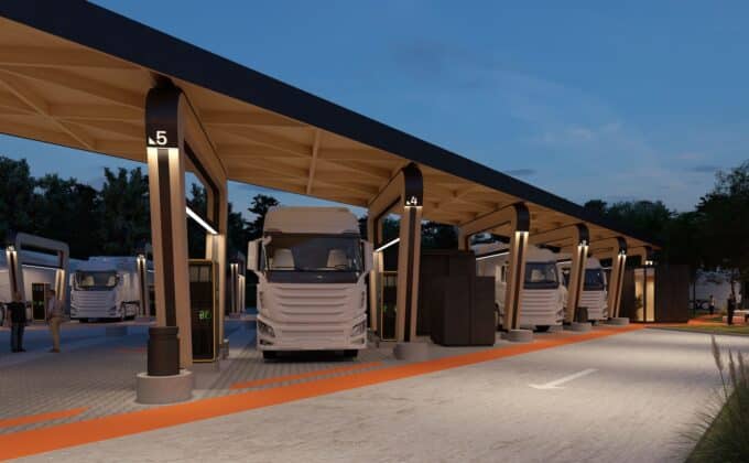 Electric lorries at megawatt charging site