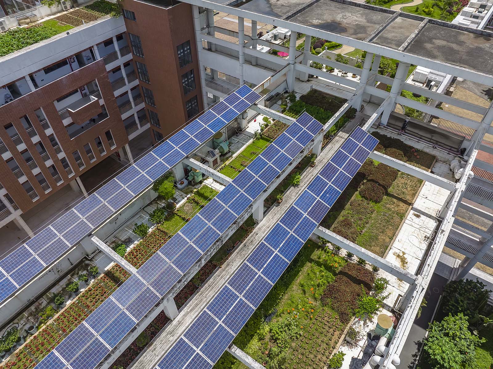 A complex of two buildings and a covered parking lot have roofscapes of solar panels and gardens.