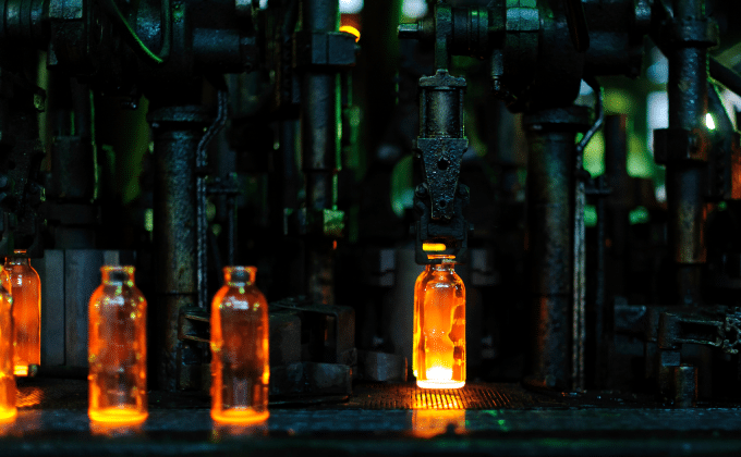 Glass bottles are heated to glowing orange during their production.