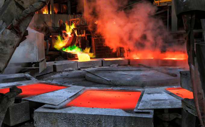 Copper smelting glows orange in an industrial heat process.