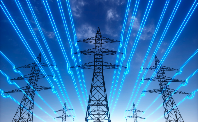 illustration of transmission towers with power lines in bright blue