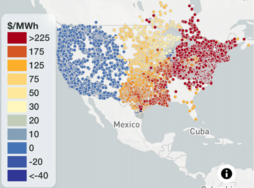 United States map with colored dots showing high electricity prices in East and low prices in West