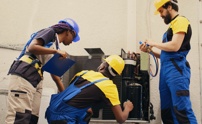Three technicians clean a heat pump unit.